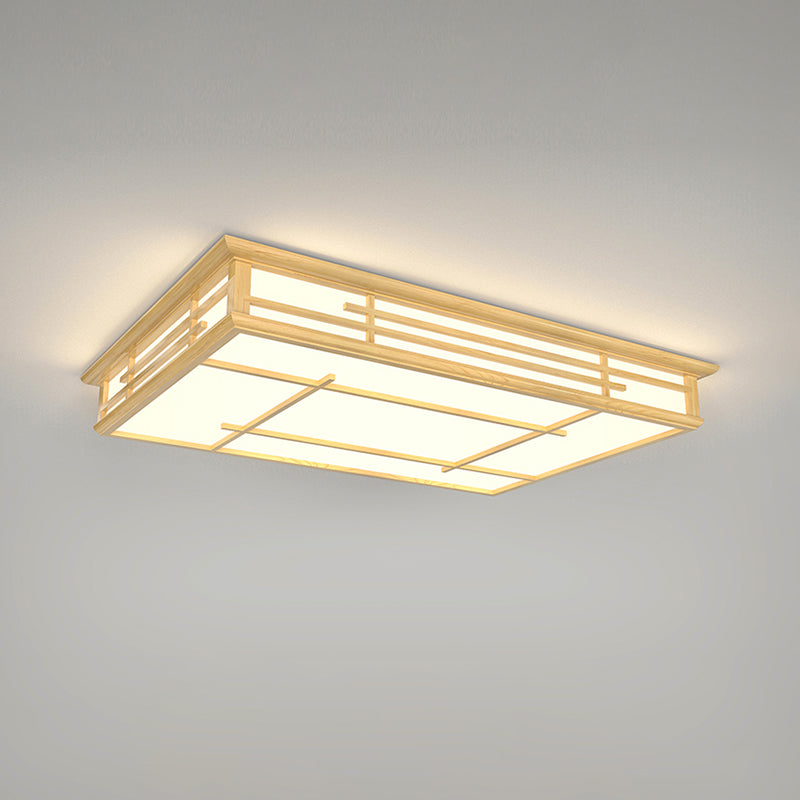 Modern Japanese Geometric LED Flush Ceiling Light with Acrylic Panels - Stylish Wood Flush Mount Lighting Fixture for Living Room