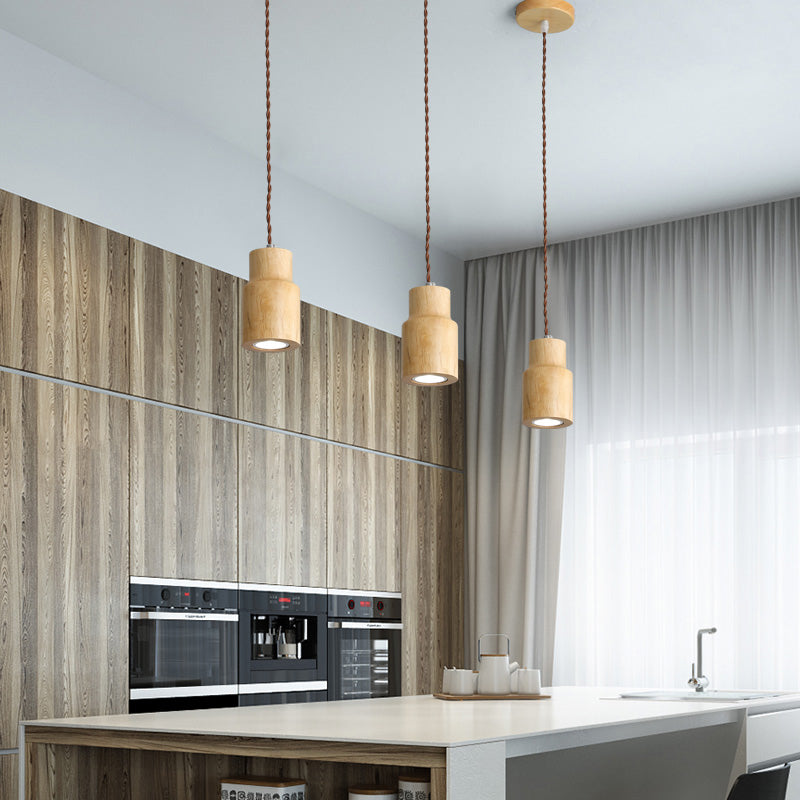 Sleek Geometric Wooden LED Ceiling Pendant Light in Beige - Perfect for Kitchen Suspension