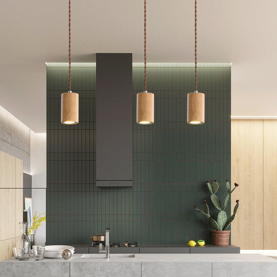 Sleek Geometric Wooden LED Ceiling Pendant Light in Beige - Perfect for Kitchen Suspension