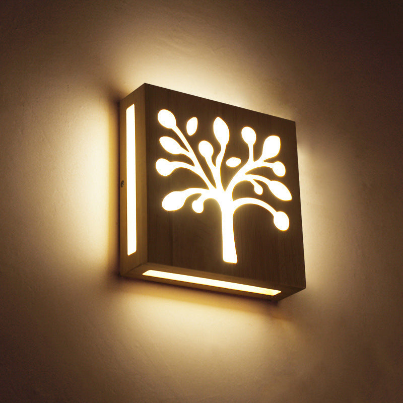 LED Wooden Wall Sconce: Contemporary Square Cutout Living Room Light