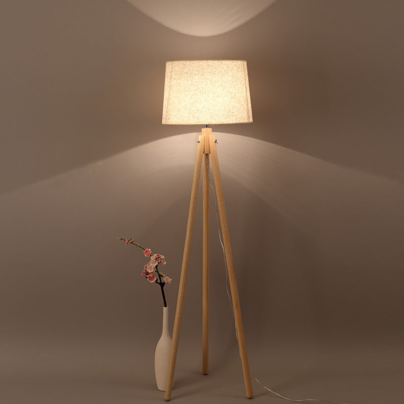 Modern Wooden LED Bedside Floor Lamp with Tripod Stand & Drum Fabric Shade