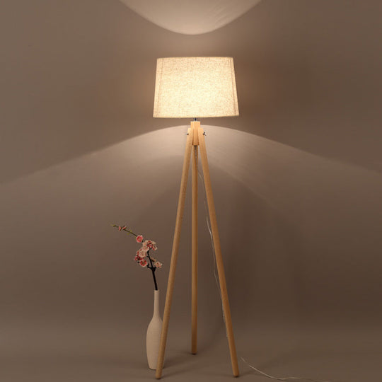 Modern Wooden LED Bedside Floor Lamp with Tripod Stand & Drum Fabric Shade