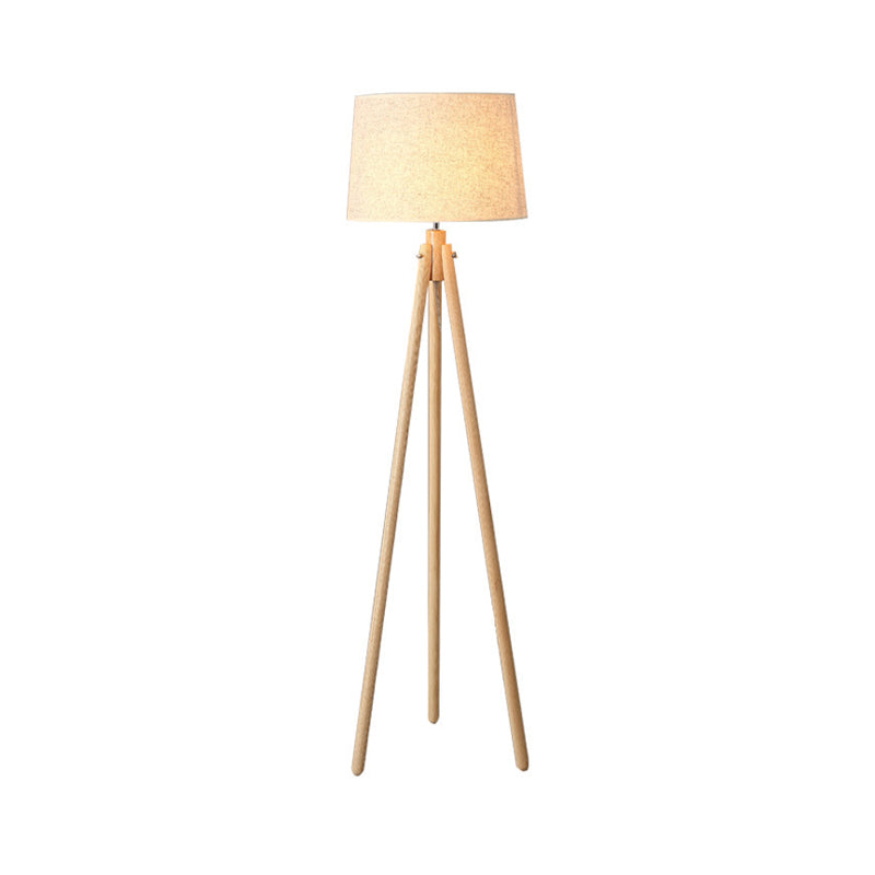 Modern Wooden LED Bedside Floor Lamp with Tripod Stand & Drum Fabric Shade