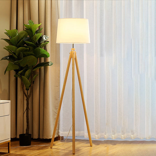 Modern Wooden LED Bedside Floor Lamp with Tripod Stand & Drum Fabric Shade