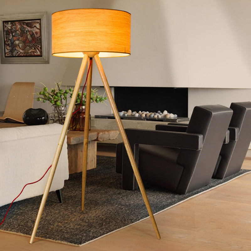 Simple wooden LED floor lamp with cylinder shade, ideal for bedroom - Beige
