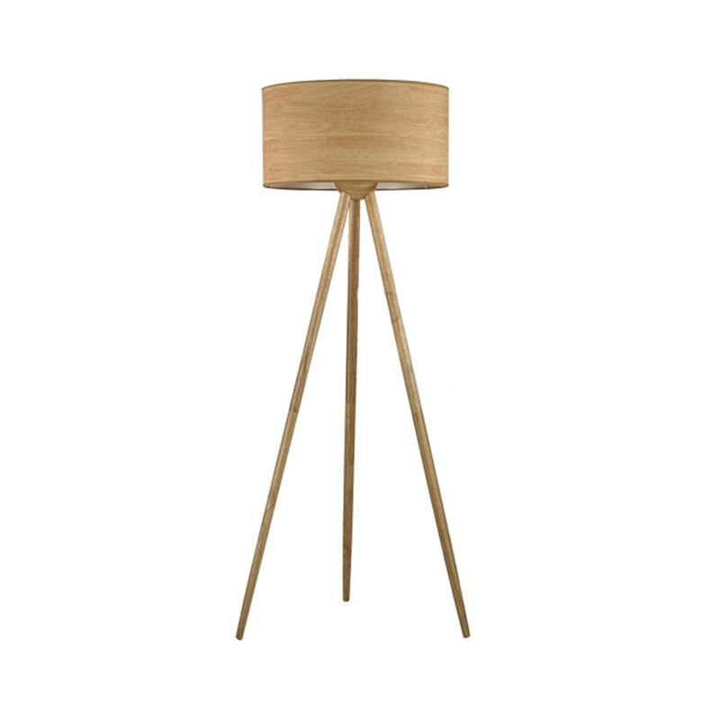 Simple wooden LED floor lamp with cylinder shade, ideal for bedroom - Beige