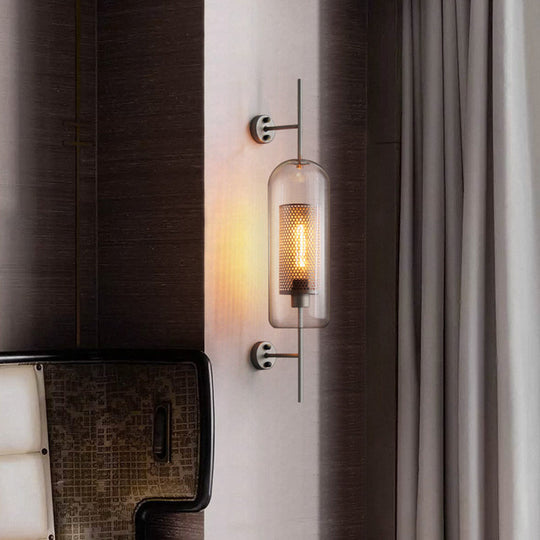 Modern Clear Glass Pill Capsule Wall Sconce with Mesh Screen - 1-Bulb Bathroom Lighting Fixture