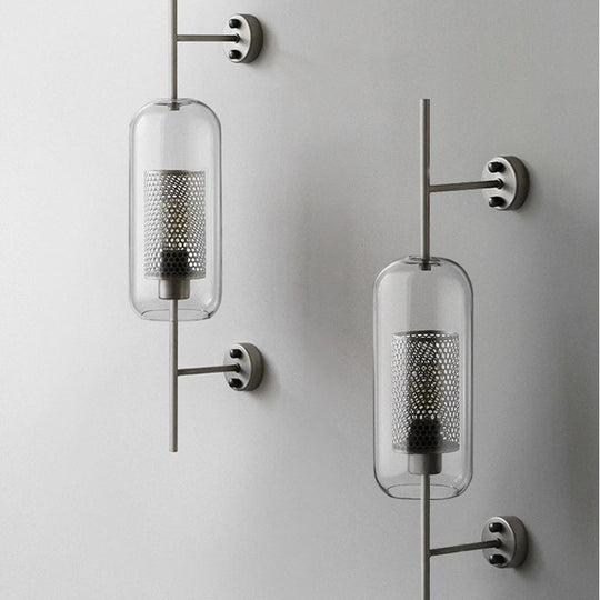 Modern Clear Glass Pill Capsule Wall Sconce with Mesh Screen - 1-Bulb Bathroom Lighting Fixture