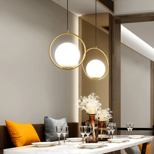 Contemporary Gold Sphere Drop Lamp: 1 Bulb Cream Glass Hanging Ceiling Light for Bedroom