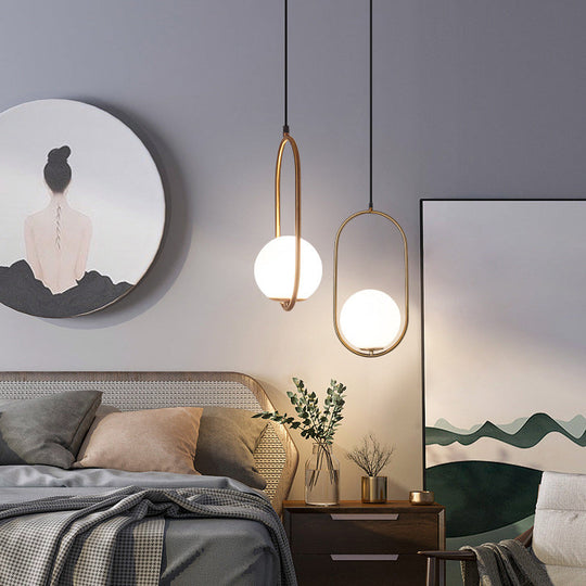 Contemporary Gold Sphere Drop Lamp: 1 Bulb Cream Glass Hanging Ceiling Light for Bedroom