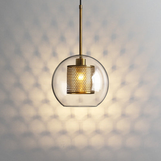 Modern Clear Glass Orb Pendant Light with Mesh Cage - Stylish Ceiling Hanging Lamp