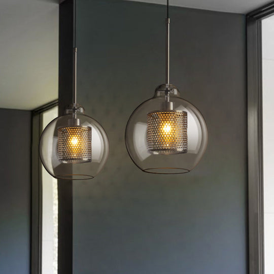 Modern Clear Glass Orb Pendant Light with Mesh Cage - Stylish Ceiling Hanging Lamp