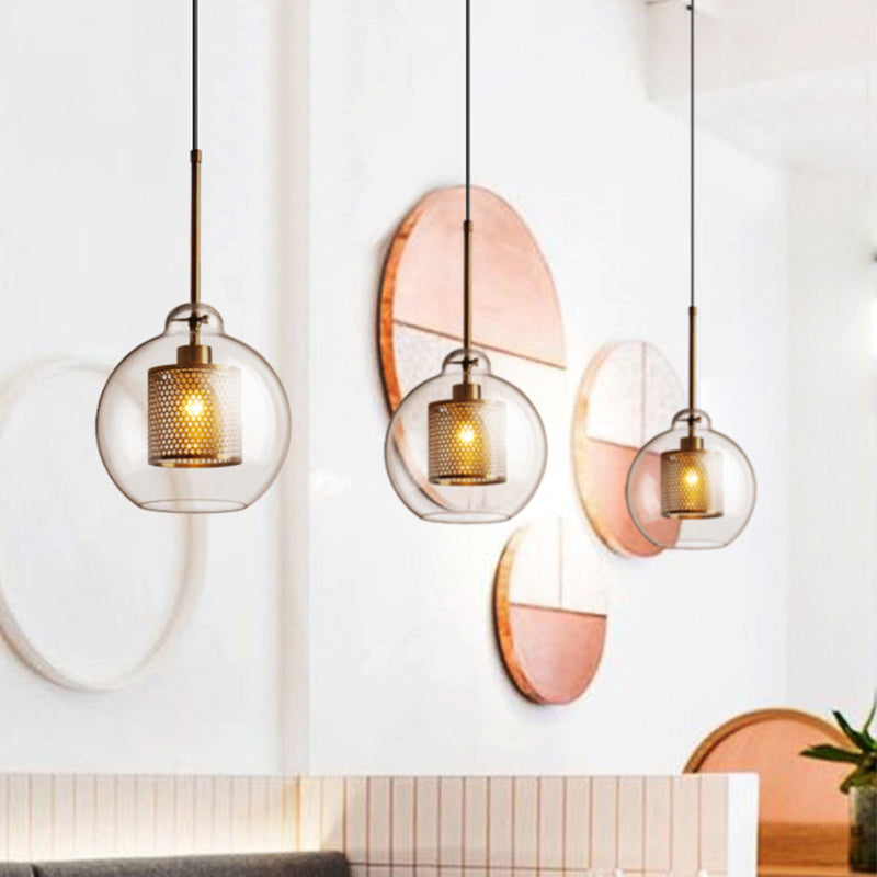 Modern Clear Glass Orb Pendant Light with Mesh Cage - Stylish Ceiling Hanging Lamp