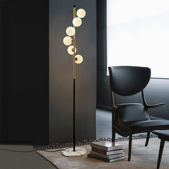 Minimalist Spiral Design - Gold and Black Ball Floor Lamp with 6-Bulb Cream Glass