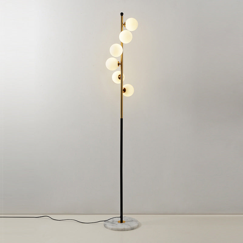 Minimalist Spiral Design - Gold and Black Ball Floor Lamp with 6-Bulb Cream Glass