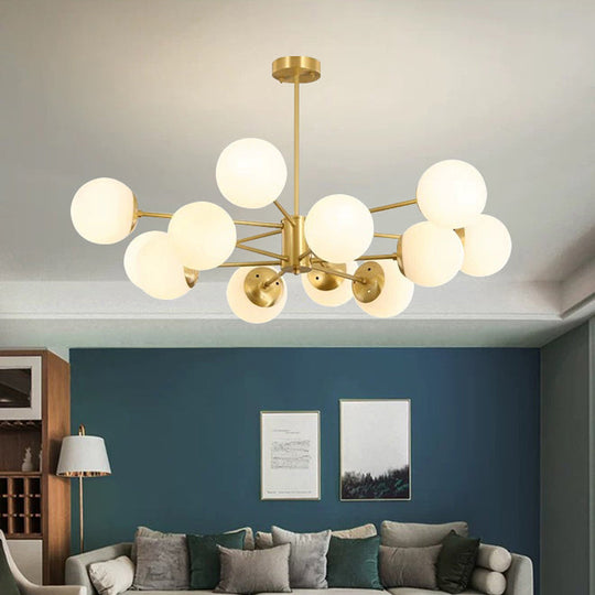 Modern Brass Radial Chandelier with Cream Glass Shade - Nordic Metal Suspension Lamp for Living Room
