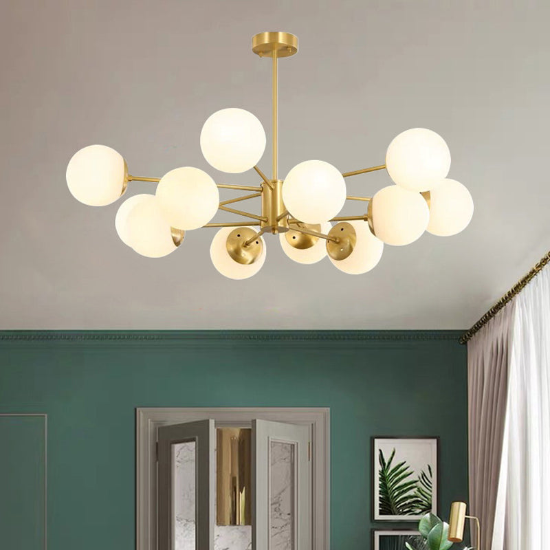 Modern Brass Radial Chandelier with Cream Glass Shade - Nordic Metal Suspension Lamp for Living Room