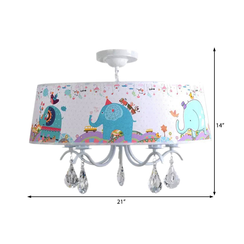 Elephant Crystal Drum Pendant Light: White 5-Light Chandelier for Kids' Bedroom