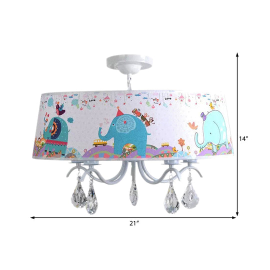 Elephant Crystal Drum Pendant Light: White 5-Light Chandelier for Kids' Bedroom