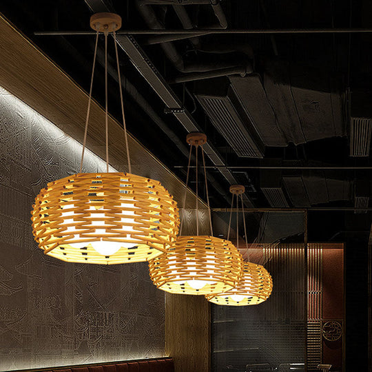 Bamboo Bird Nest Ceiling Chandelier with Opal Glass Shade - Asian Inspired Pendant Light