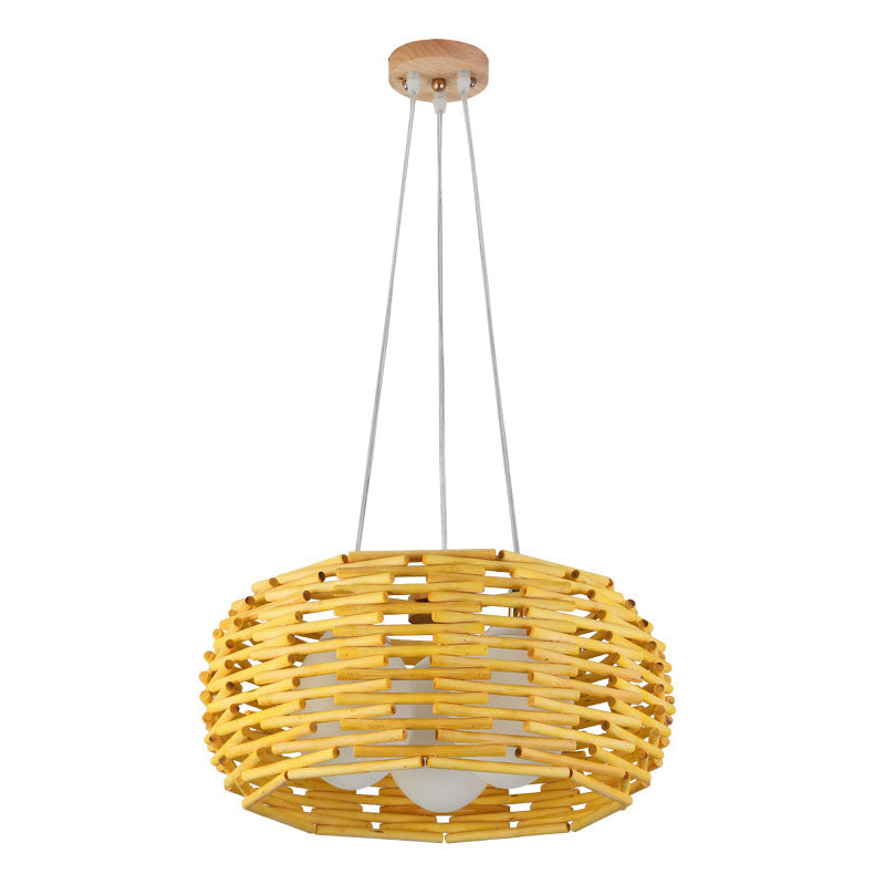 Bamboo Bird Nest Ceiling Chandelier with Opal Glass Shade - Asian Inspired Pendant Light