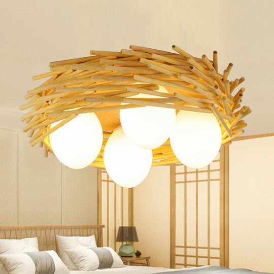 Bamboo Bird Nest Ceiling Chandelier with Opal Glass Shade - Asian Inspired Pendant Light