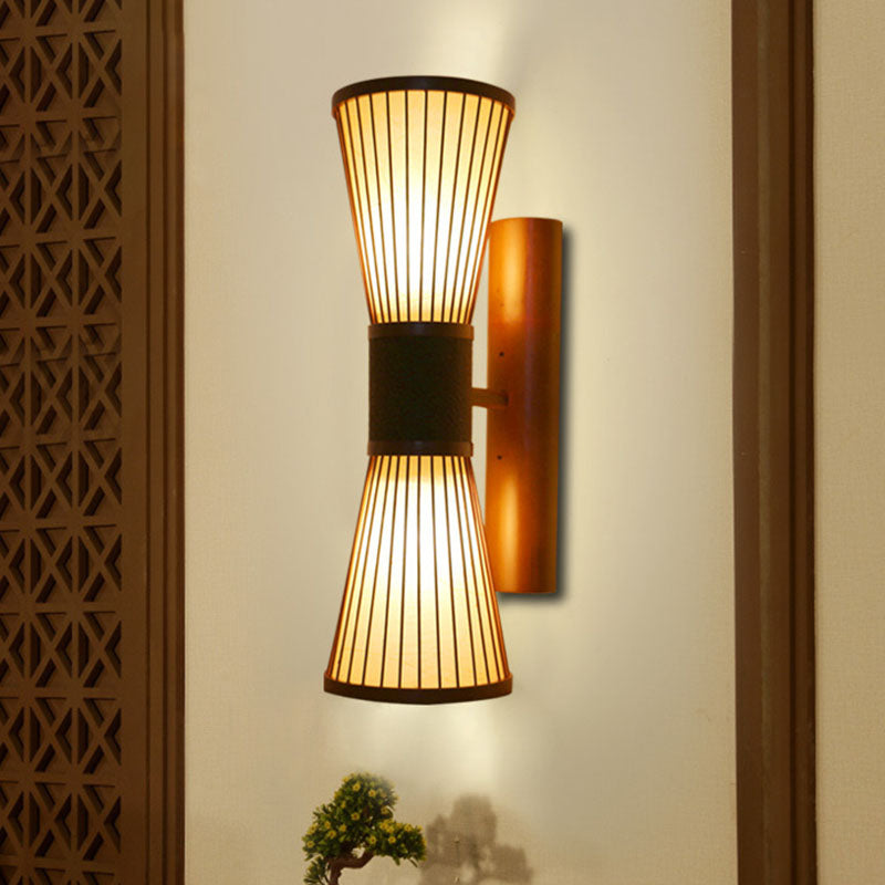 Asian Wood Wall Sconce - Corridor Wall Light with Bamboo Hourglass Shade