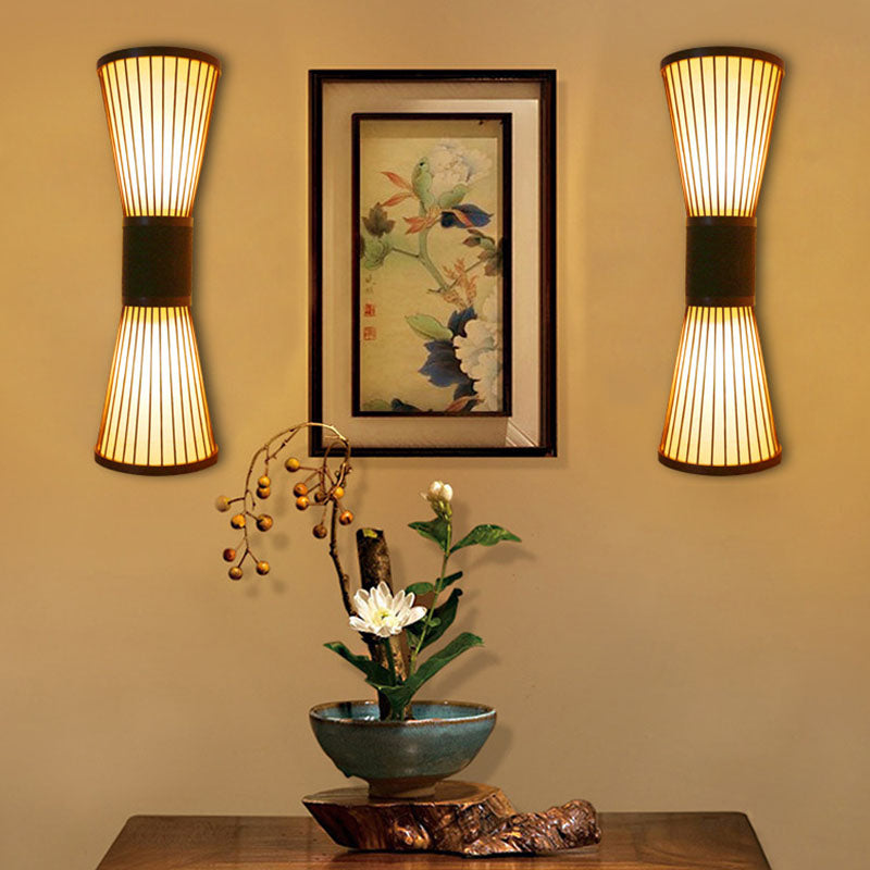 Asian Wood Wall Sconce - Corridor Wall Light with Bamboo Hourglass Shade