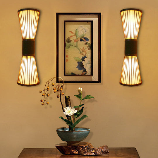 Asian Wood Wall Sconce - Corridor Wall Light with Bamboo Hourglass Shade