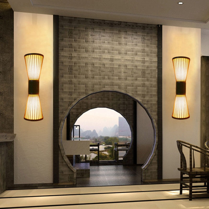 Asian Wood Wall Sconce - Corridor Wall Light with Bamboo Hourglass Shade