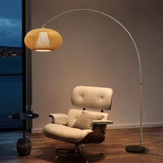 Bamboo Standing Fishing Rod Floor Lamp with Swivel Shade - Wood Reading Light