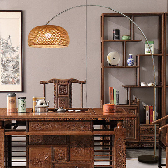 Bamboo Standing Fishing Rod Floor Lamp with Swivel Shade - Wood Reading Light