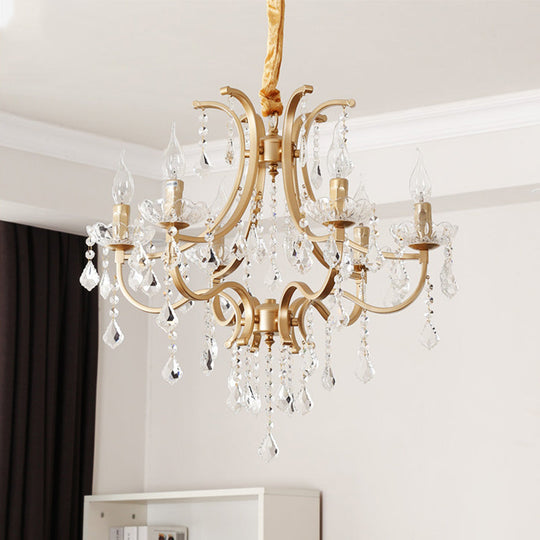 Modern Metal Flameless Candle Pendant Chandelier with Crystal Beads in Gold - 6/8 Heads Hanging Lamp