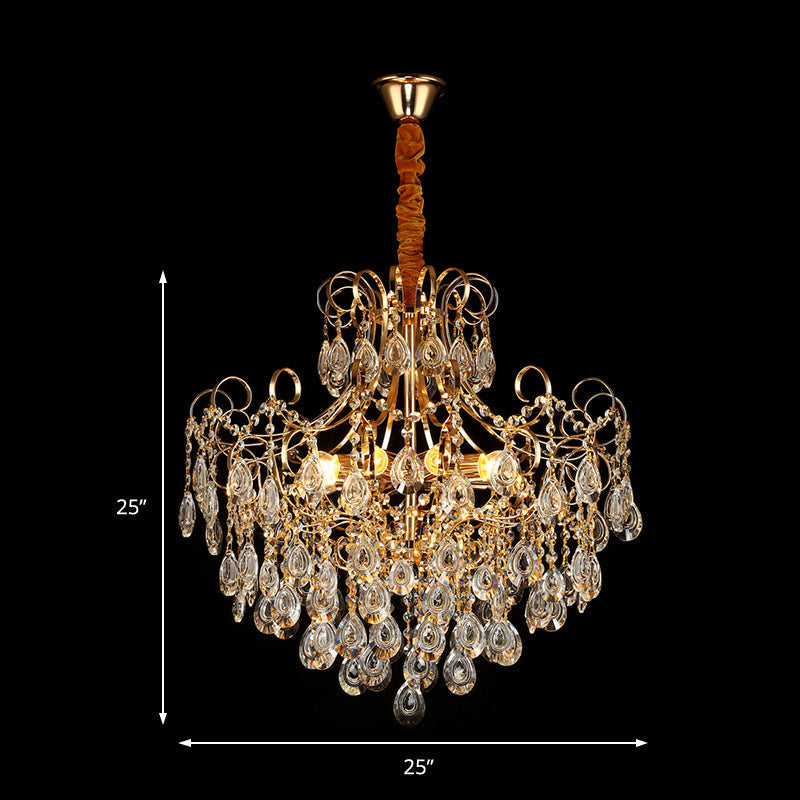 Gold Industrial Geometric Chandelier with Crystal Teardrop Shade - 5/6/8 Bulb Pendant Light