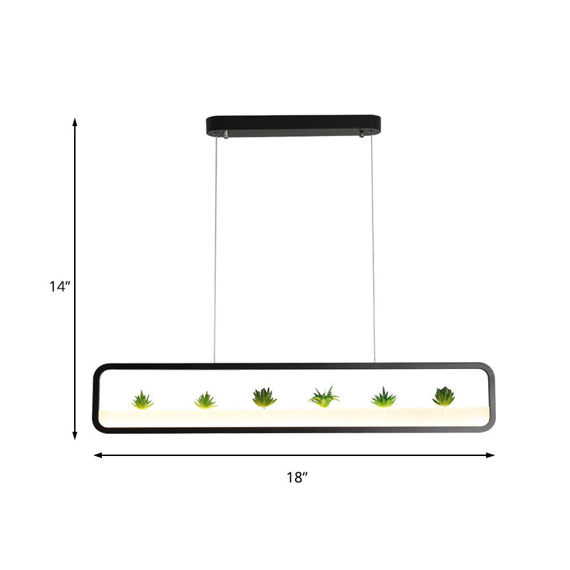 Modern LED Metal Rectangular Chandelier, 27.5" Wide Ceiling Hung Light in White/Black, with Artificial Plant and White/Warm Light