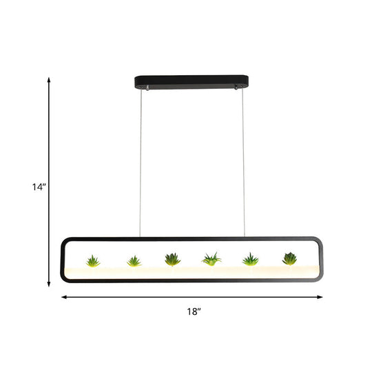 Modern LED Metal Rectangular Chandelier, 27.5" Wide Ceiling Hung Light in White/Black, with Artificial Plant and White/Warm Light