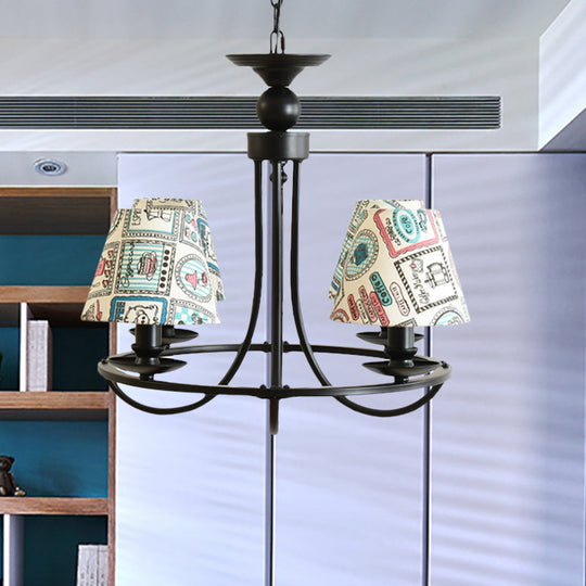 Modern 4-Light Black Fabric Tapered Shade Chandelier for Kids Bedroom Ceiling Pendant
