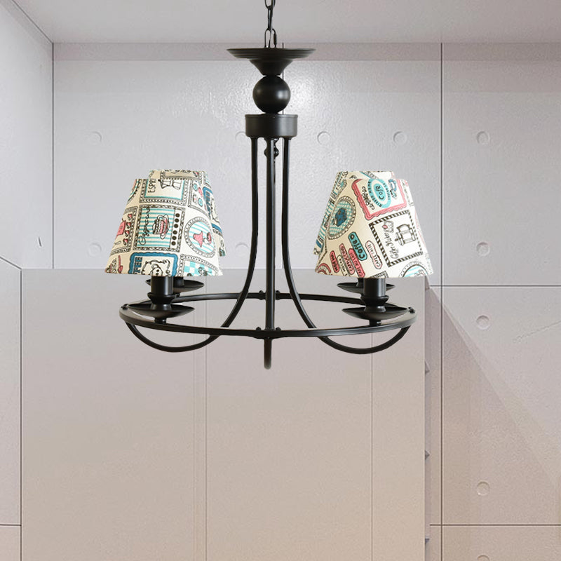 Modern 4-Light Black Fabric Tapered Shade Chandelier for Kids Bedroom Ceiling Pendant