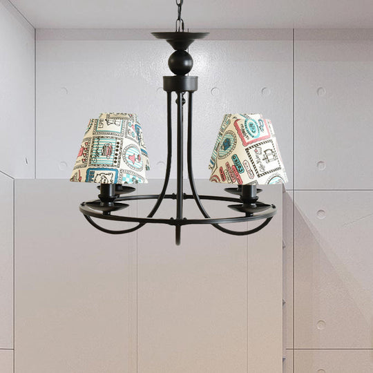 Modern 4-Light Black Fabric Tapered Shade Chandelier for Kids Bedroom Ceiling Pendant