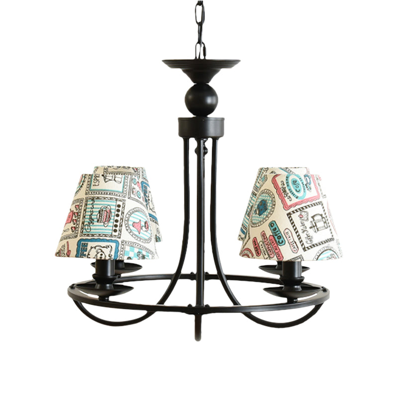 Modern 4-Light Black Fabric Tapered Shade Chandelier for Kids Bedroom Ceiling Pendant