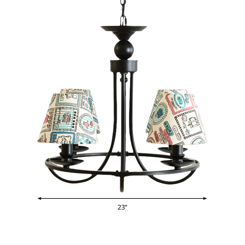 Modern 4-Light Black Fabric Tapered Shade Chandelier for Kids Bedroom Ceiling Pendant