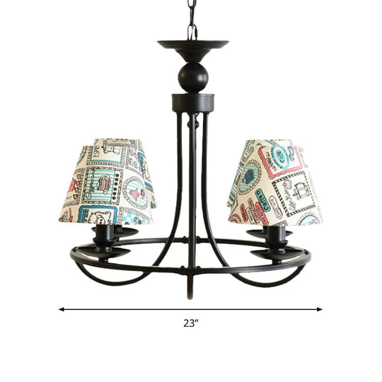 Modern 4-Light Black Fabric Tapered Shade Chandelier for Kids Bedroom Ceiling Pendant