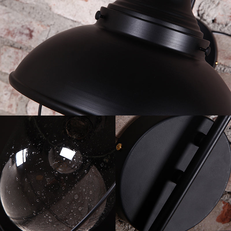 Industrial Cone Seeded Glass Wall Light in Black - Outdoor Sconce Lighting Fixture with Cage
