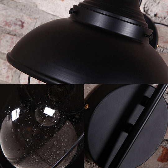 Industrial Cone Seeded Glass Wall Light in Black - Outdoor Sconce Lighting Fixture with Cage