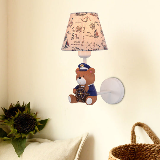 Adorable Bear Wall Light for Kids' Bedrooms: Tapered Shade, One Light, Resin Sconce in Beige
