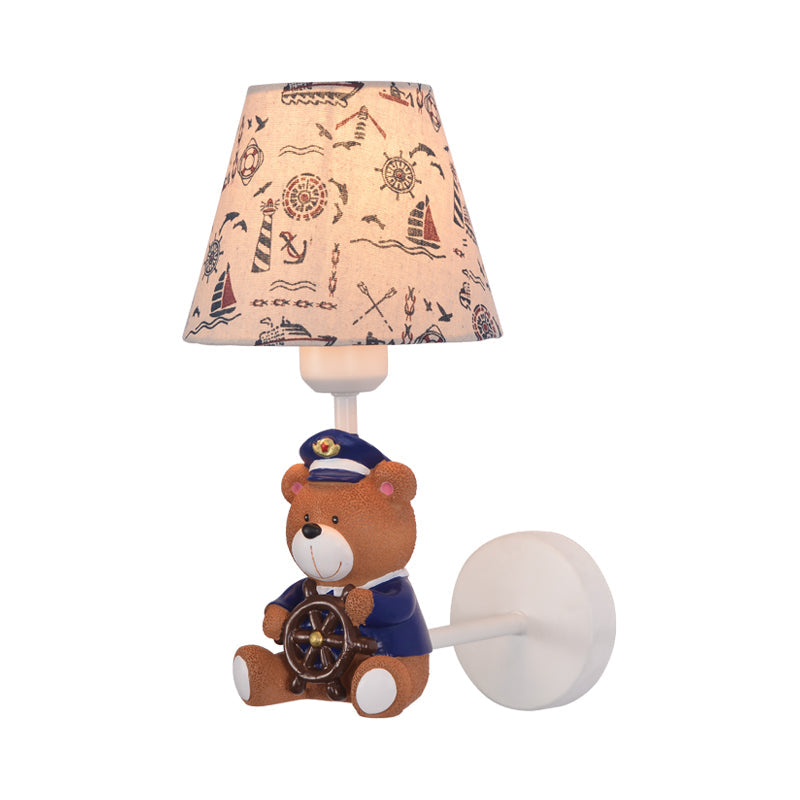 Adorable Bear Wall Light for Kids' Bedrooms: Tapered Shade, One Light, Resin Sconce in Beige