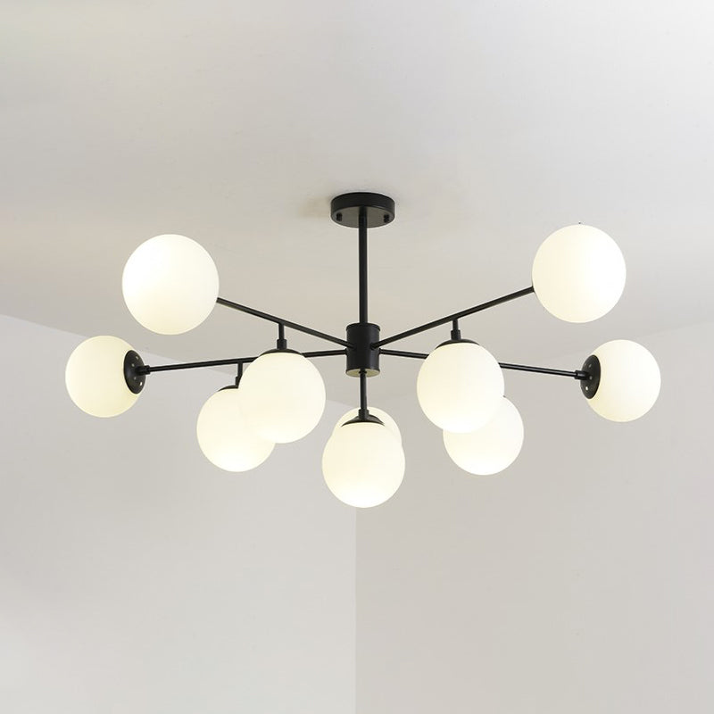 Modern Black/Gold Branch Chandelier - 7/9/11-Light Iron Pendant with White Glass Ball Shade