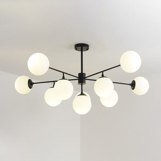 Modern Black/Gold Branch Chandelier - 7/9/11-Light Iron Pendant with White Glass Ball Shade