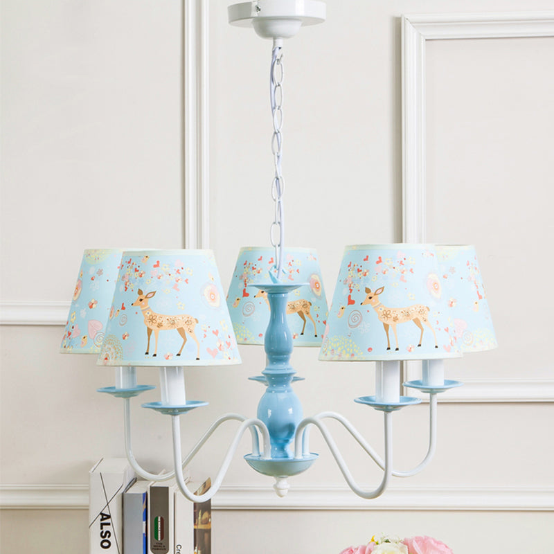 Blue Fabric Metal Chandelier: Contemporary Tapered Shade Hanging Light for Living Room