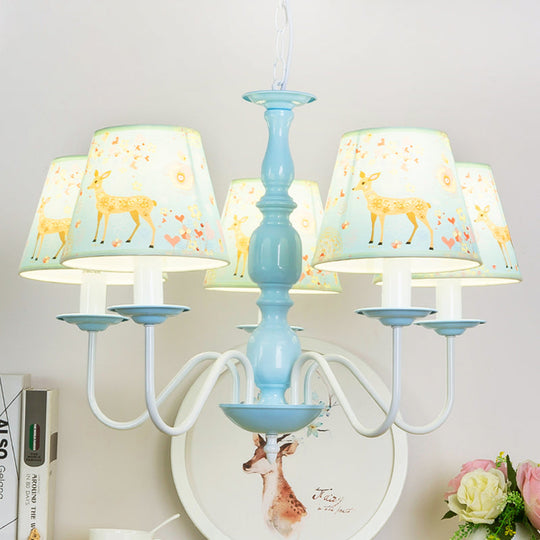 Blue Fabric Metal Chandelier: Contemporary Tapered Shade Hanging Light for Living Room